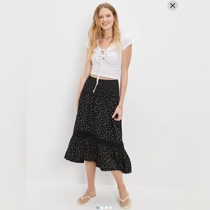 American Eagle Floral Hi‑Lo Midi Skirt Black Smocked Waist Size Small